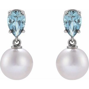 Platinum Cultured White Akoya Pearl & Natural Aquamarine Earrings 88438:116:P