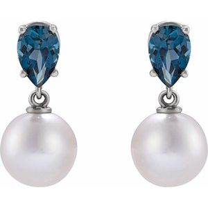 Platinum Cultured White Akoya Pearl & Natural London Blue Topaz Earrings 88438:110:P