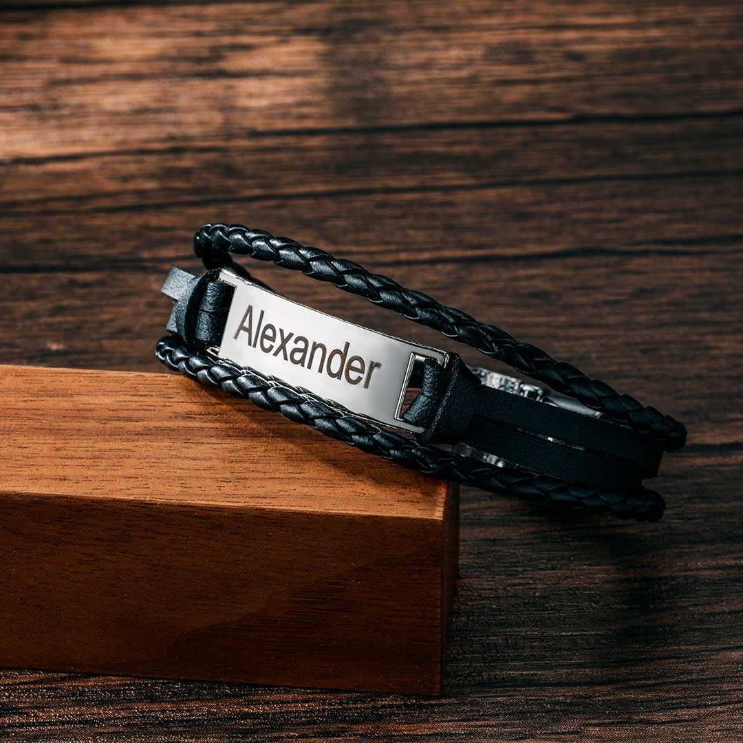 Helloice Men's Personalized Engraved Bracelet in Braid Leather and Steel