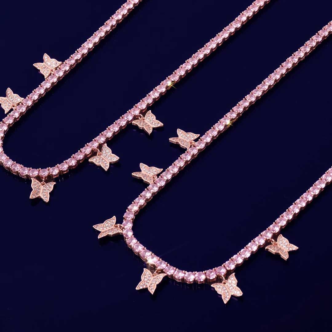 Helloice Women's Handsets Pink Butterfly Tennis Chain in Rose Gold