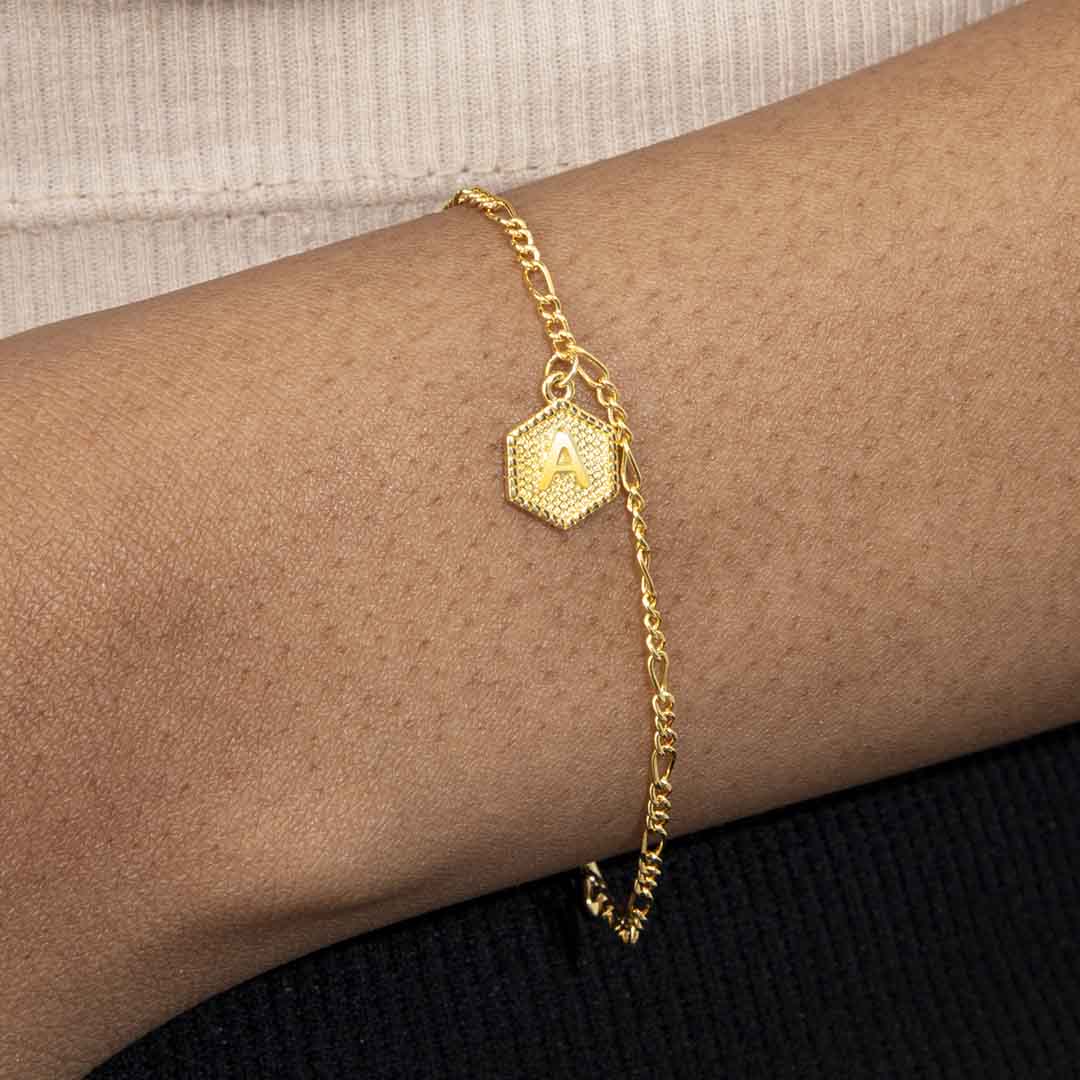 Helloice Personalized Hexagon Initial Letter Bracelet