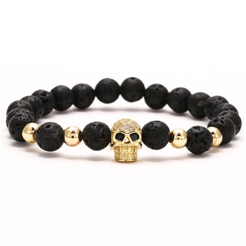 Helloice Skull Charm Lava Stone Beads Bracelet