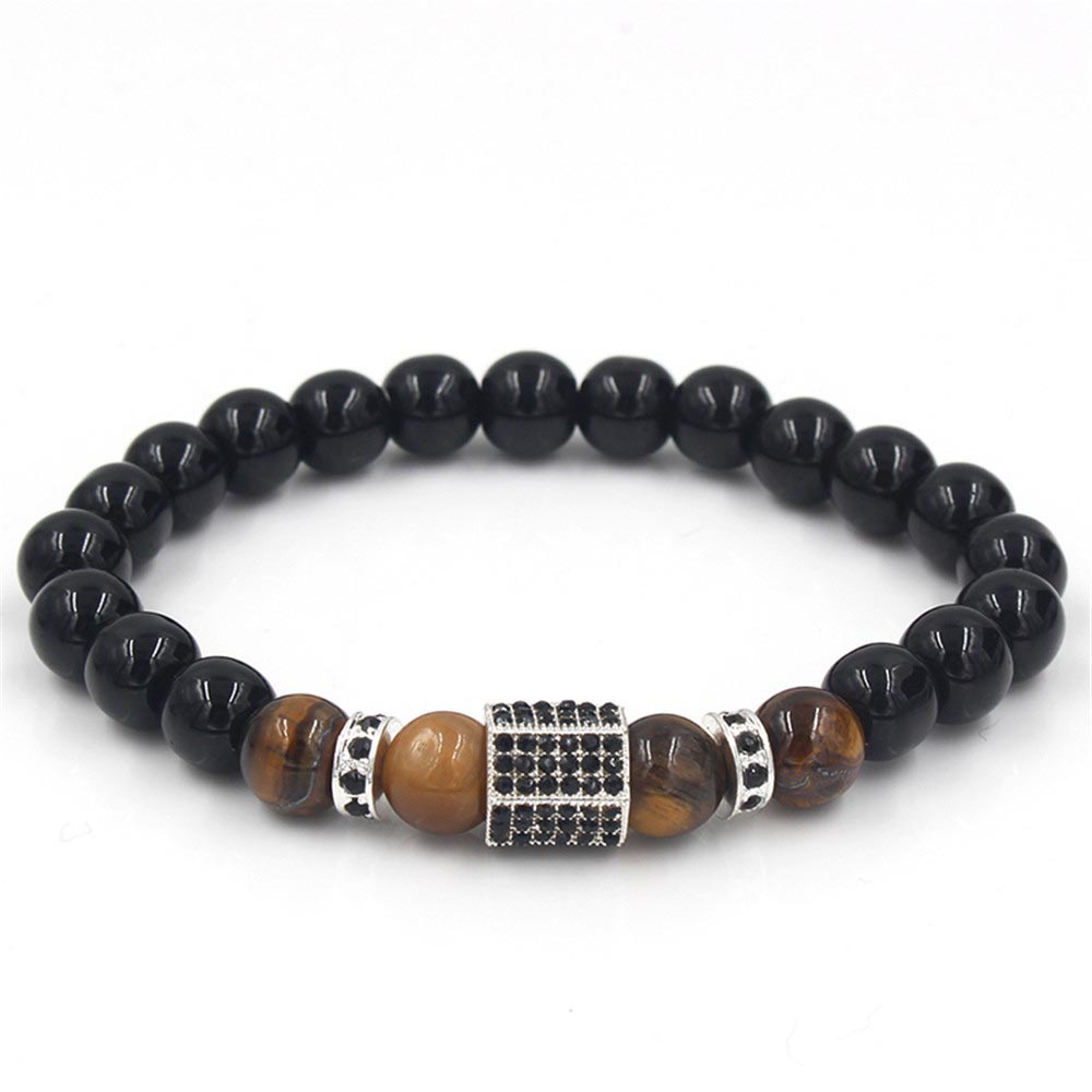 Helloice 8mm Black Agate and Tiger Eyes Polygon Charm Beads Bracelet