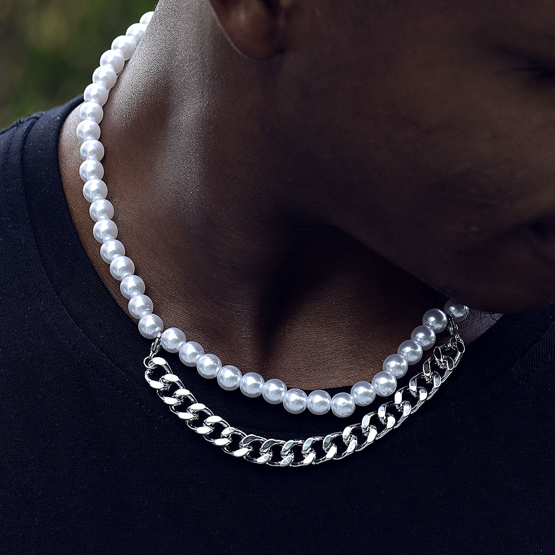 Helloice 8mm Pearl with Cuban Chain Necklace