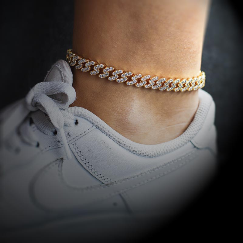 Helloice 8mm Iced Cuban Link Anklet in Gold