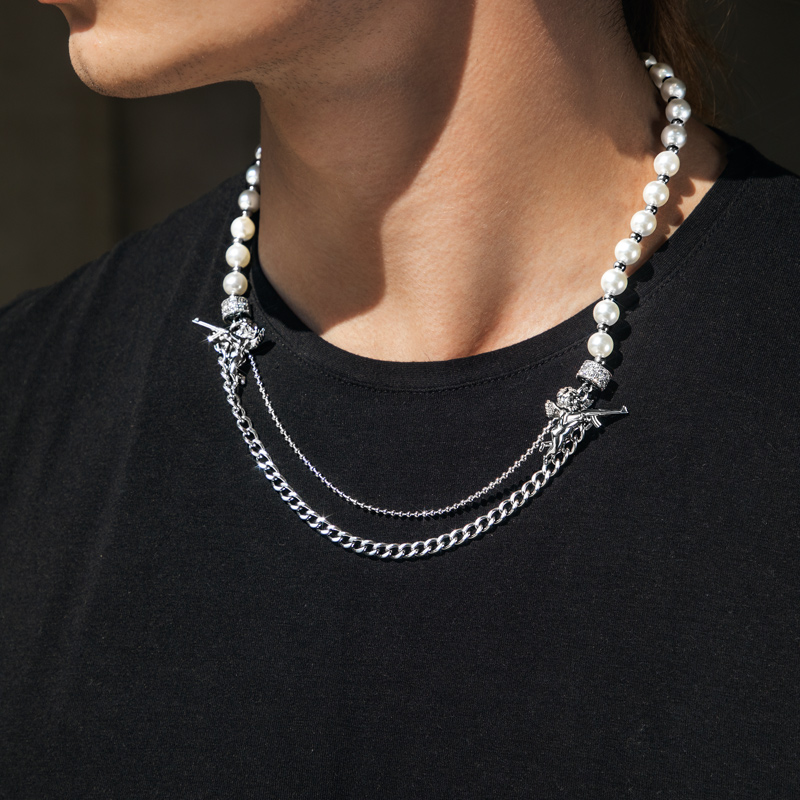 Helloice Half Pearl Half Cuban Link with Baby Angel Of Death Chain