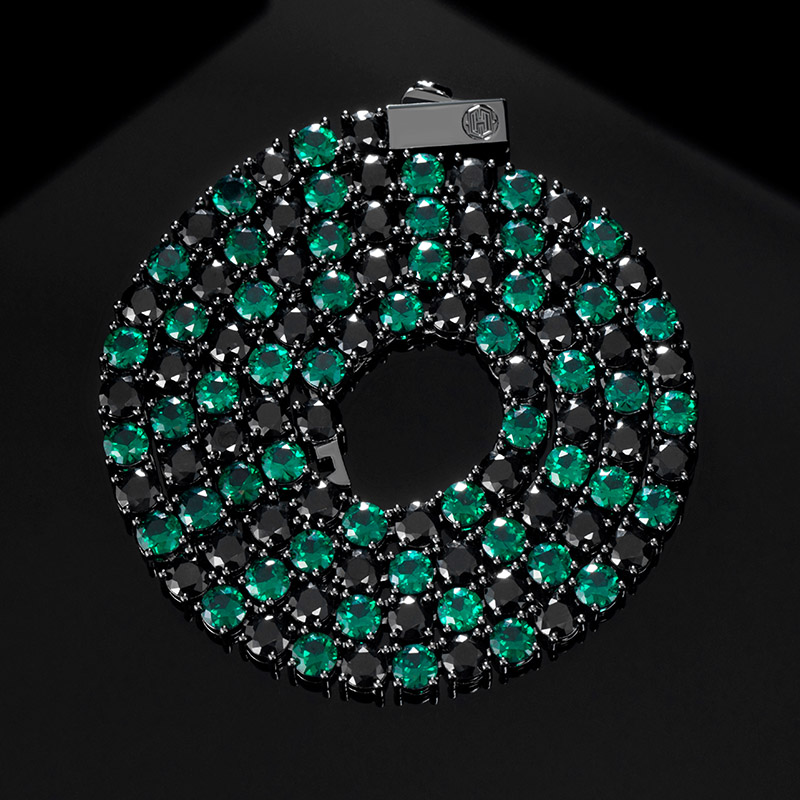 Helloice 5mm Handset Emerald & Black Stones Tennis Chain