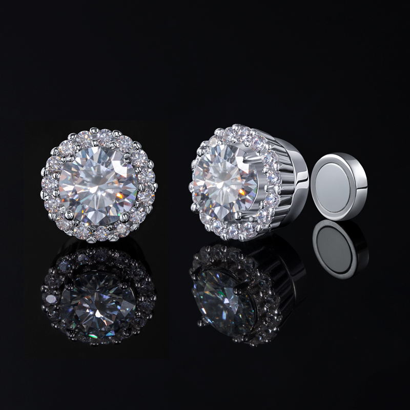 Helloice Moissanite Round Cut Magnetic Non-Piercing Stud Earrings in S925 Sterling Silver
