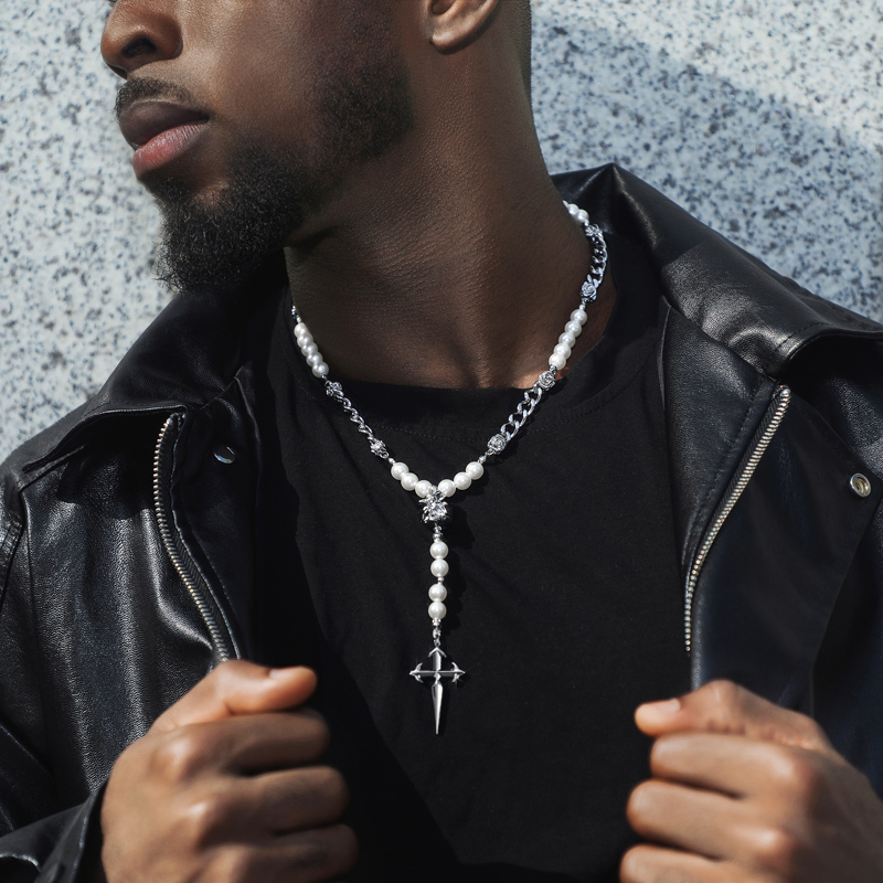 Helloice Rose Cuban Link Pearl Drop Necklace with a Cross