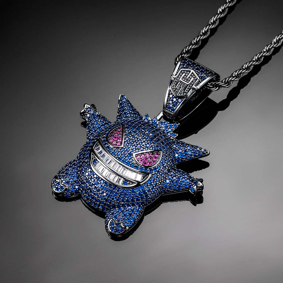 Helloice  Iced Sapphire Gengar Pendant in Black Gold