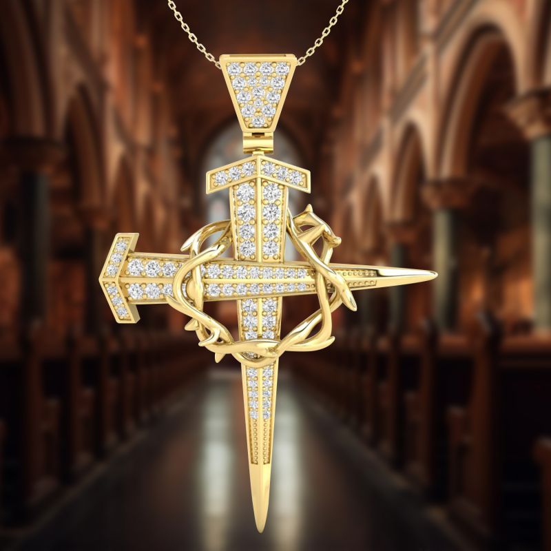 Helloice Iced Crown Of Thorns Nail Cross Pendant in Gold