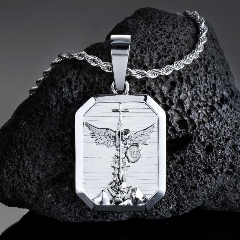 Helloice Archangel Saint Michael Dog Tag Pendant in White Gold