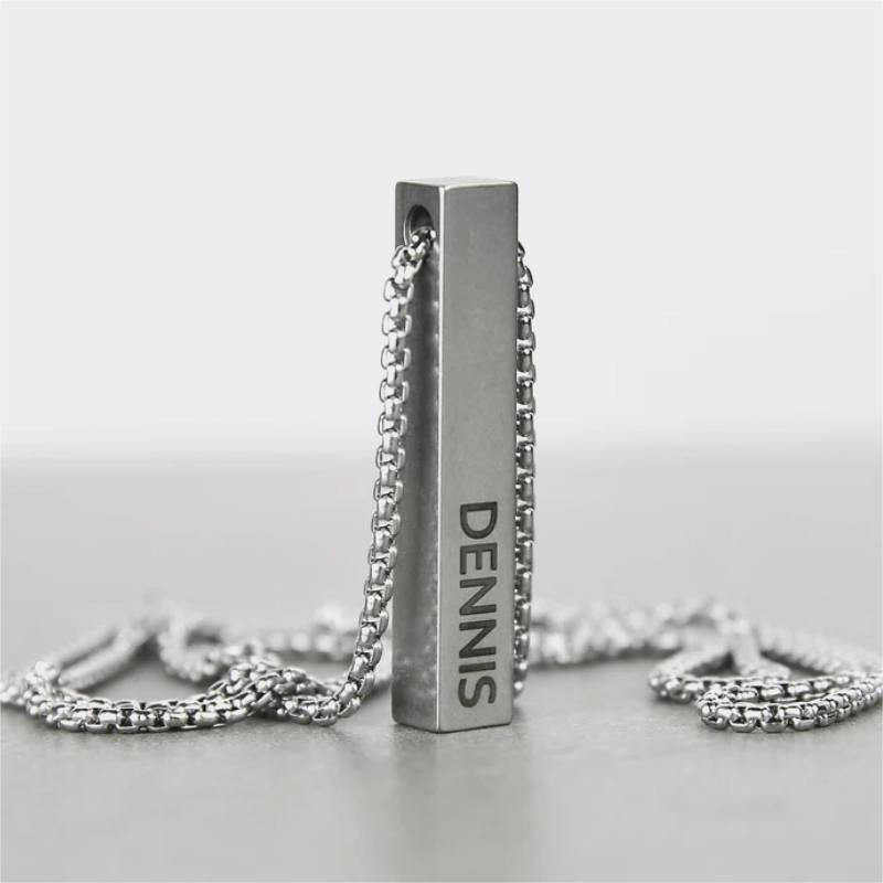 Helloice Personalized 4-Sides Engraved 3D Bar Stainless Steel Pendant