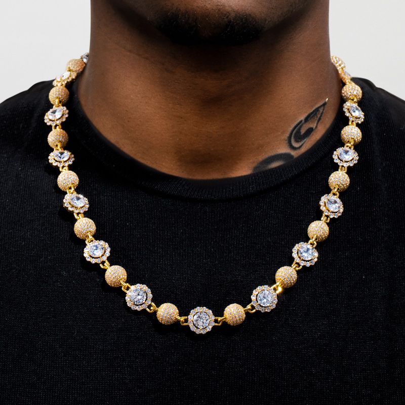 Helloice 12mm 20'' Iced Ball & Halo Diamond Link Chain in Gold