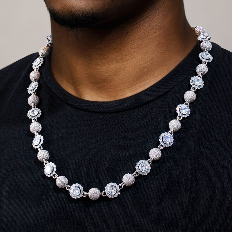 Helloice 12mm 20'' Full Paved Ball and Halo Mix Link Chain in White Gold