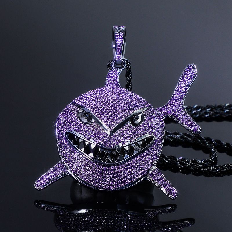 Helloice Iced Purple Shark Head Pendant in Black Gold