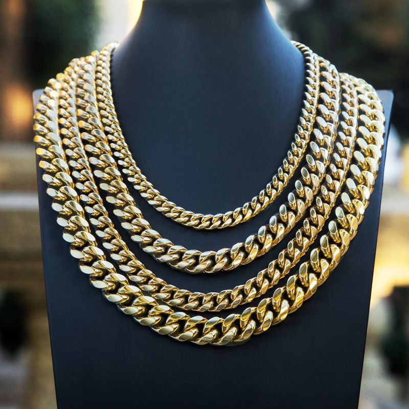 Helloice 8mm/10mm/12mm/14mm 20" Stainless Steel Micro-paved Spring Buckle Cuban Link Chain In Gold
