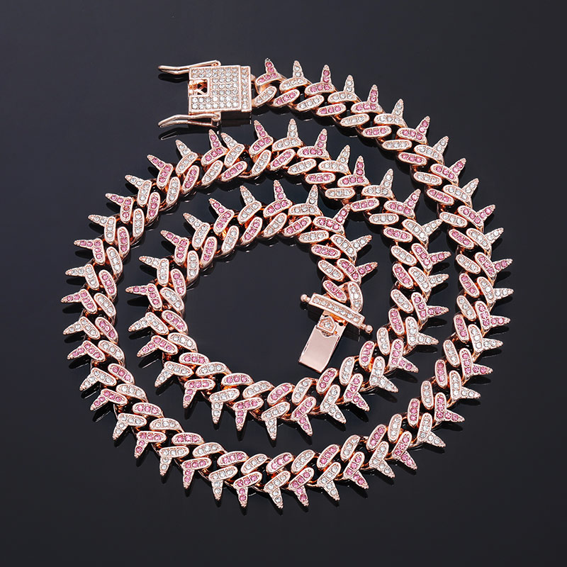 Helloice Iced 13mm Pink/Blue Rivet Spike Thorns Cuban Chain