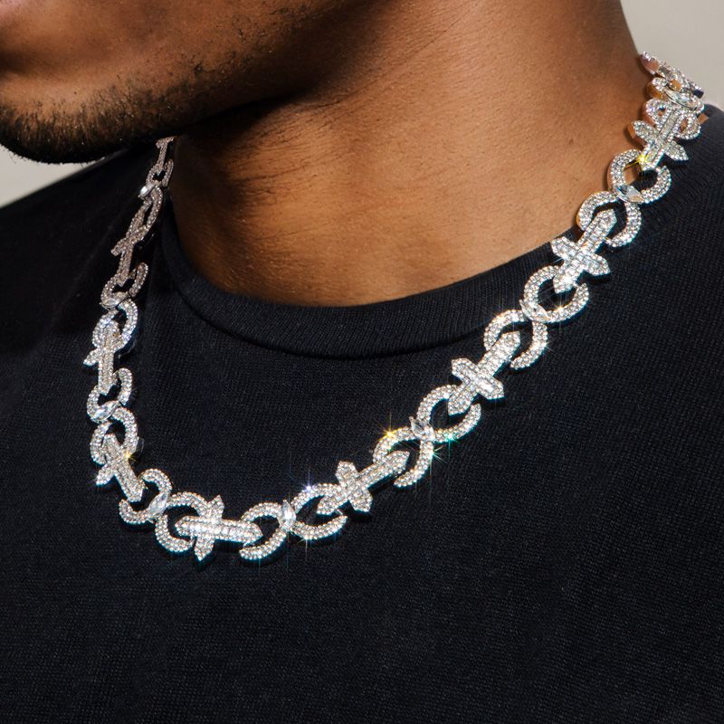Helloice Baguette Cut Cross with Infinity Link Chain in White Gold