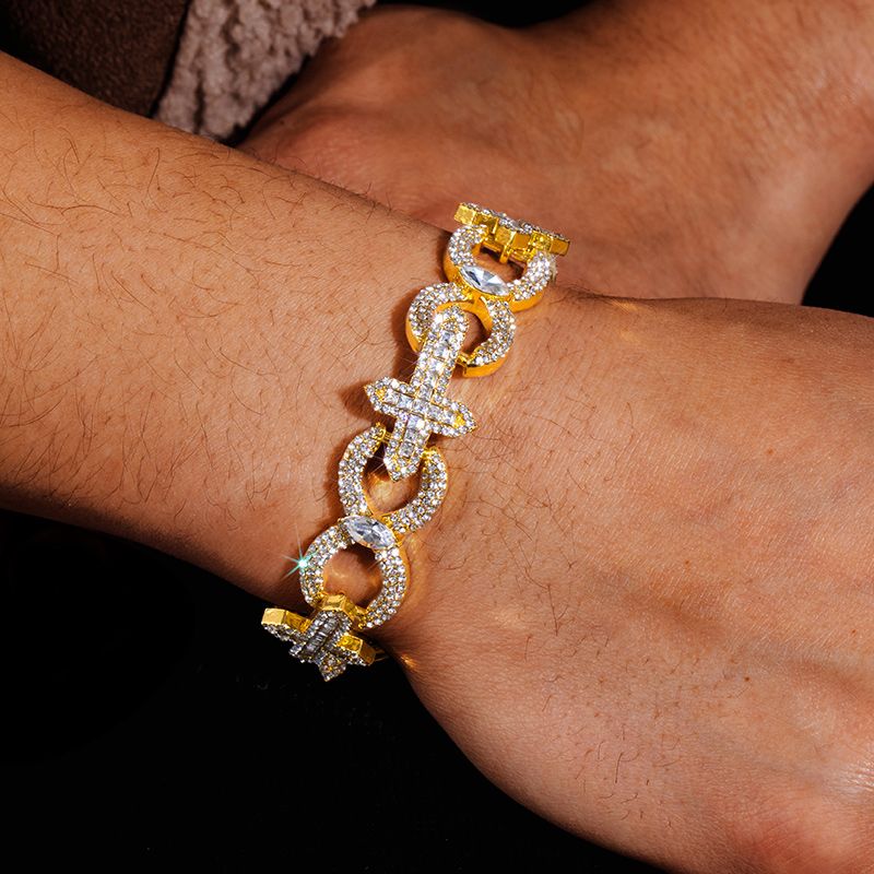 Helloice Baguette Cut Cross with Infinity Link Bracelet in Gold