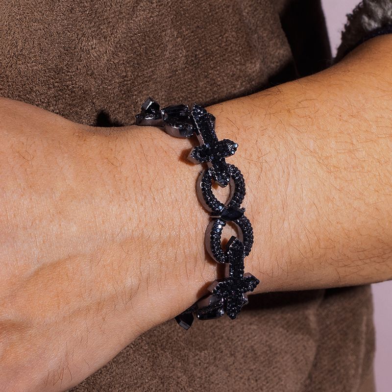 Helloice Baguette Cut Cross with Infinity Link Bracelet in Black Gold