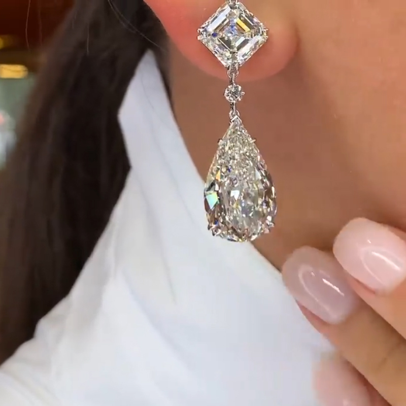 Helloice Luxury Asscher Cut and Pear Cut Diamond S925 Silver Earrings