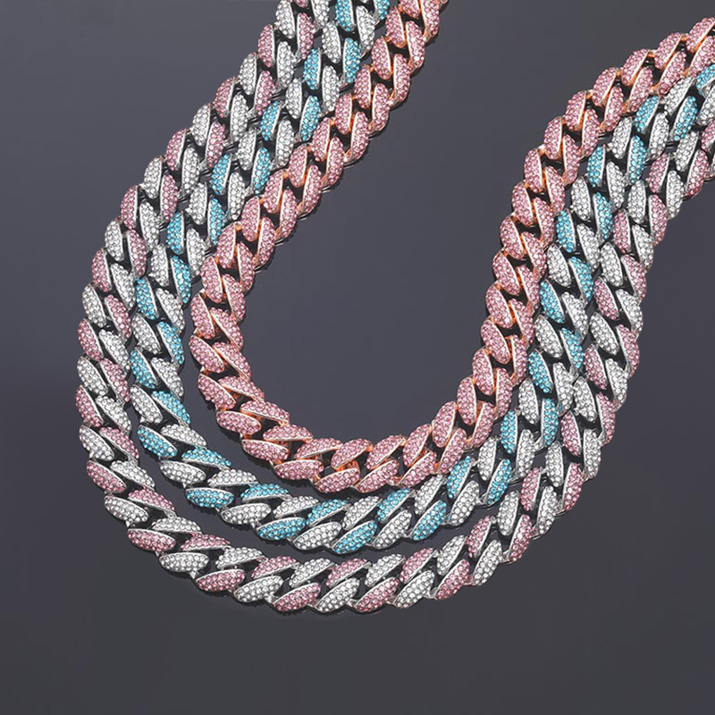Helloice Women's 12mm Pink/Blue Micro Paved Cuban Chain