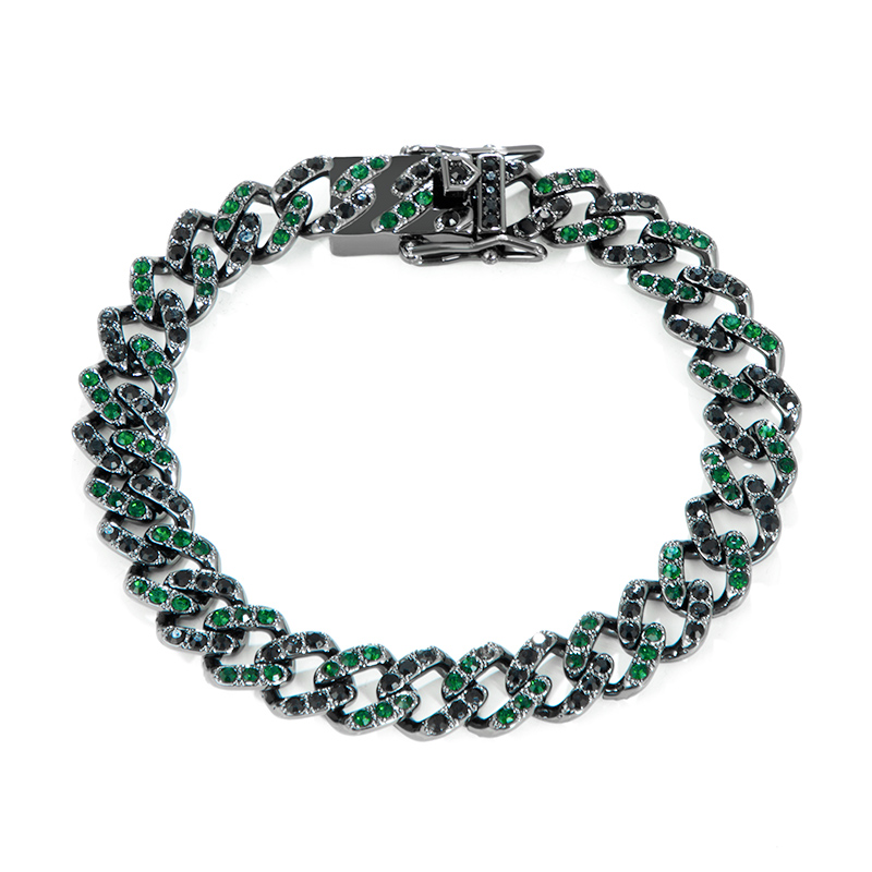 Helloice 11mm Emerald & Black Stones Cuban Bracelet for Women