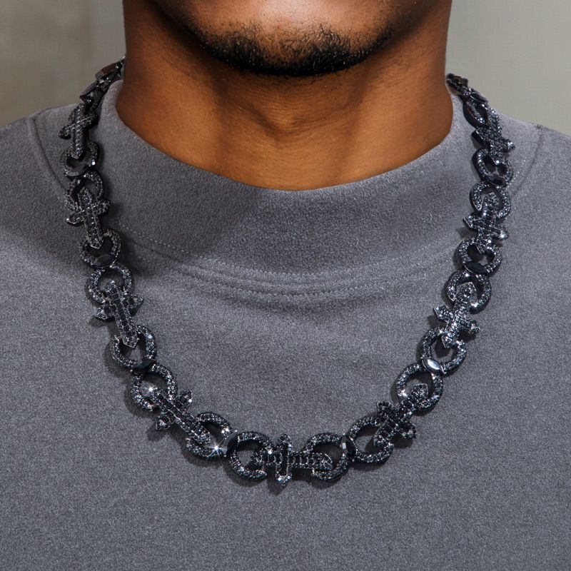 Helloice Baguette Cut Cross with Infinity Link Chain in Black Gold
