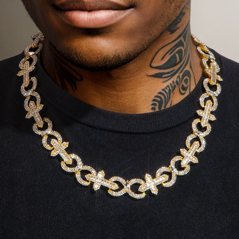 Helloice Baguette Cut Cross with Infinity Link Chain in Gold