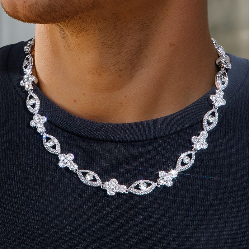 Helloice Round Diamonds Cross with Evil Eyes Chain in White Gold