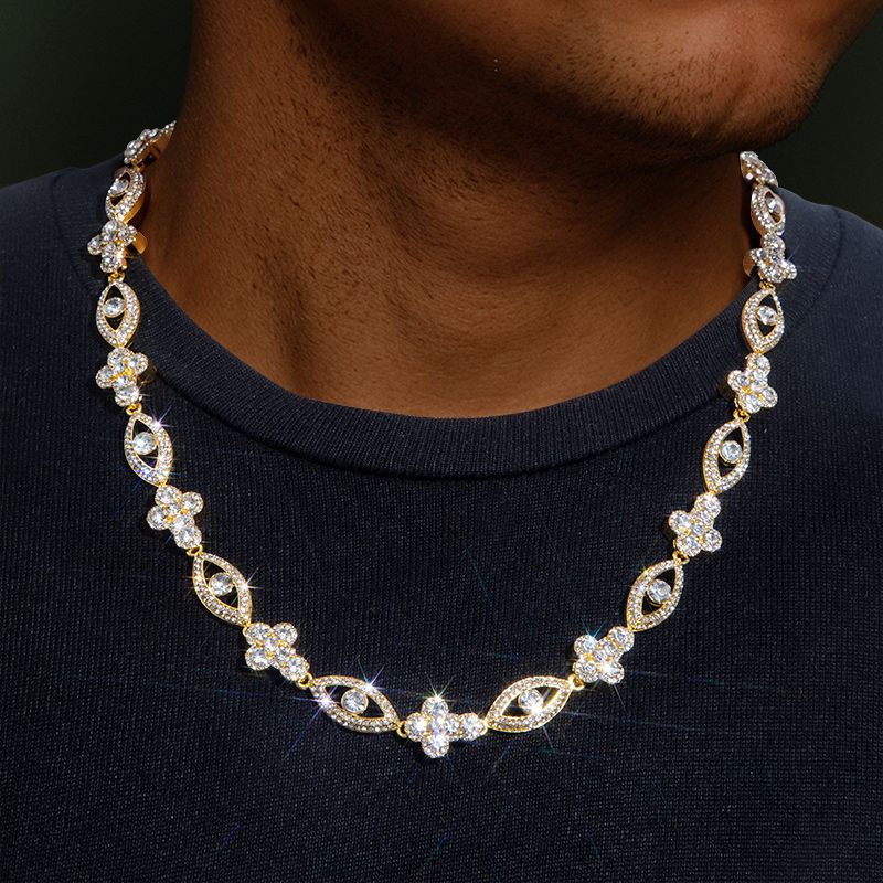 Helloice Round Diamonds Cross with Evil Eyes Chain in Gold