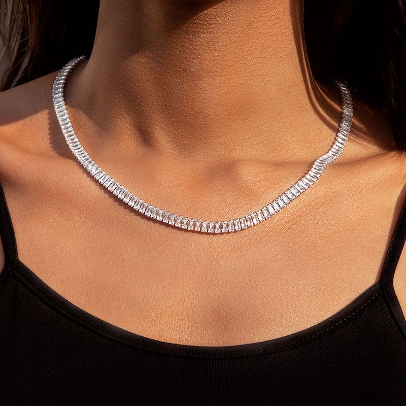 Helloice Iced Baguette Cut Tennis Chain Necklace in White Gold