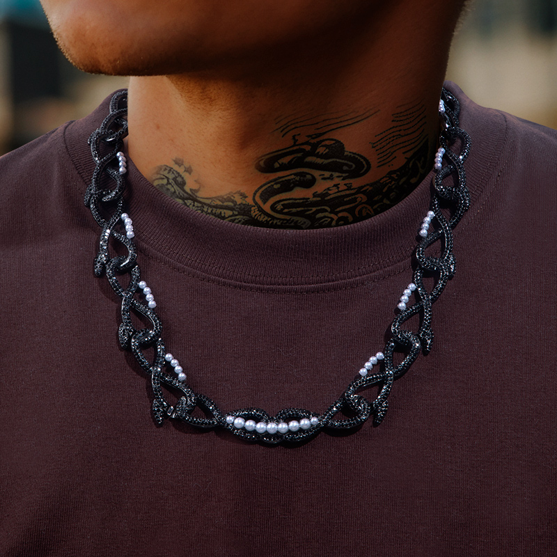 Helloice Iced 18mm 20'' Thorns with Pearl Link Chain in Black Gold
