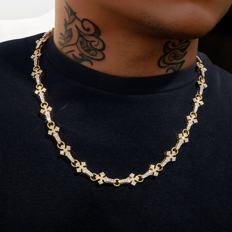 Helloice 11mm 20'' Micro Pave Cross Link Chain in Gold