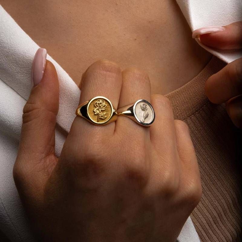 Helloice Personalized Birth Flower and Sunflower Signet Ring for Women
