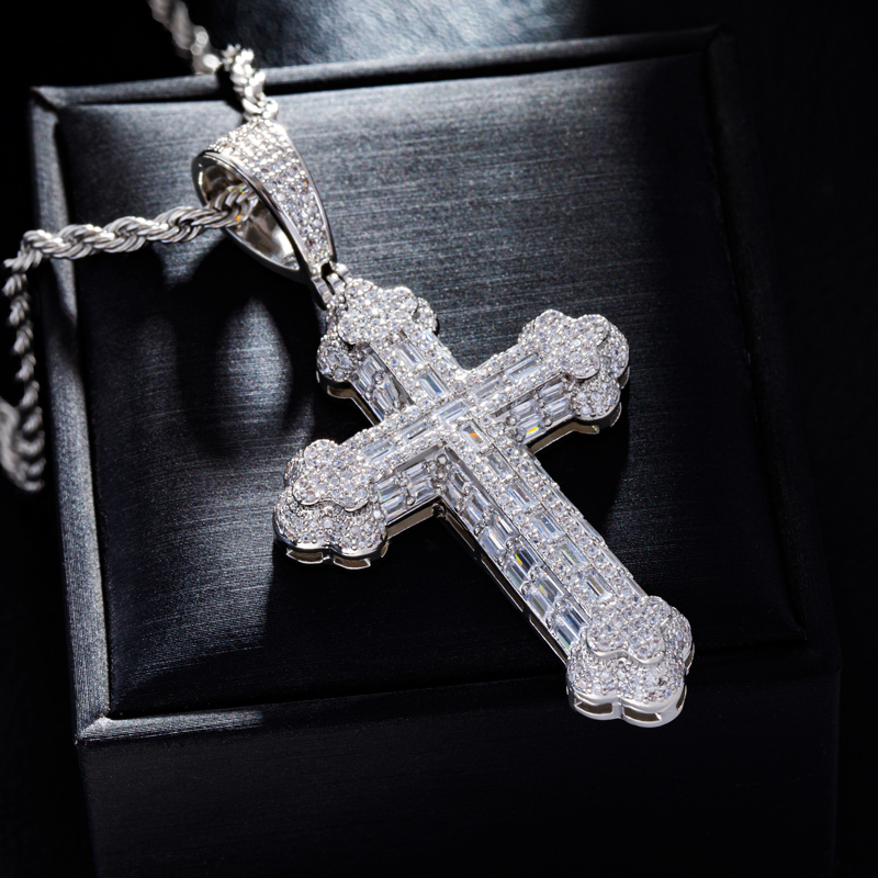 Helloice Micro Pave Baguette Cross Pendant in White Gold