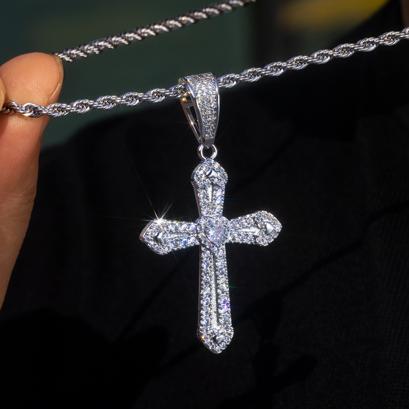 Helloice Shining Heart Cross Pendant in White Gold