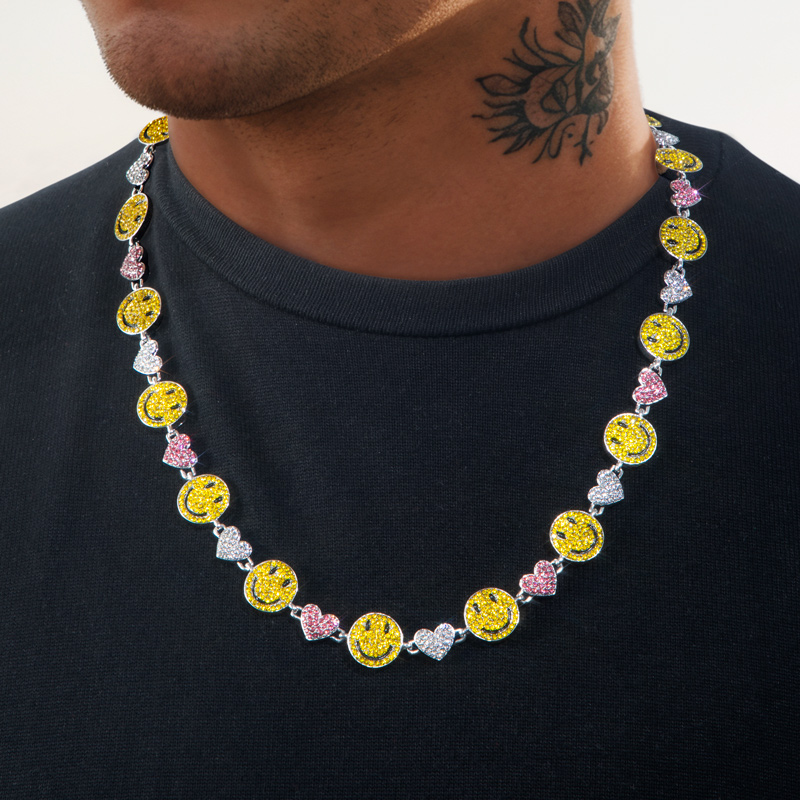 Helloice 20'' Smile Face & Heart Link Chain in White Gold