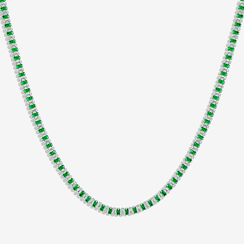 Helloice Iced Baguette Cut White & Green Stones Tennis Chain Necklace in White Gold