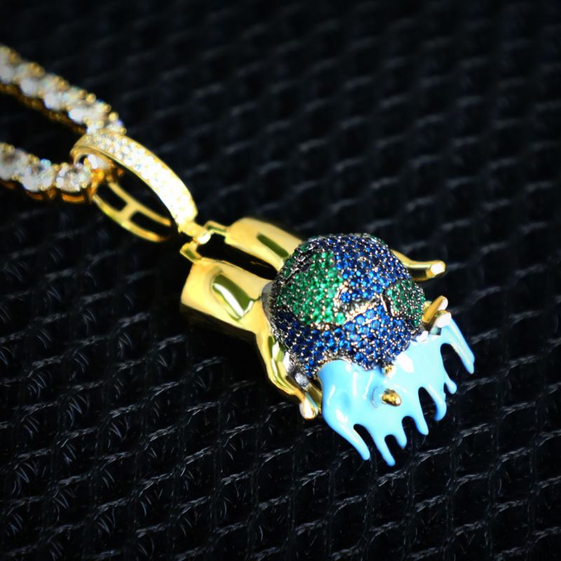 Helloice Bust Down 3D Dripping Earth in The Hands Pendant
