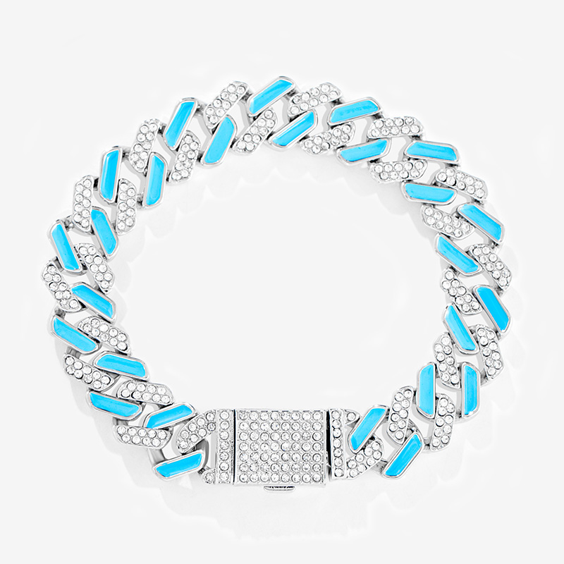 Helloice Iced 11mm White Stones & Blue Enamel Cuban Chain Bracelet in White Gold
