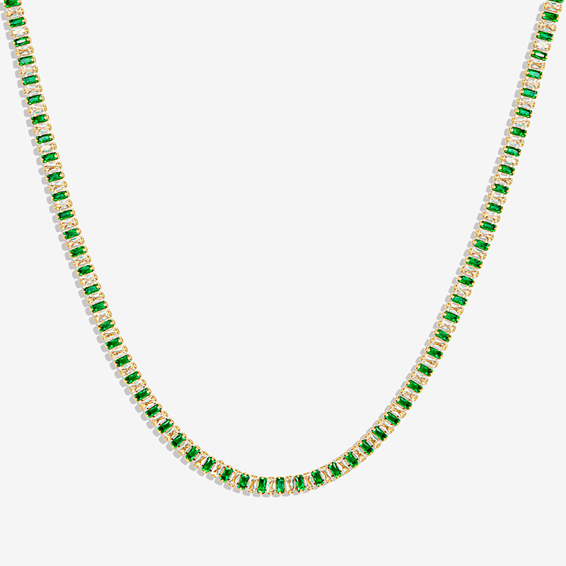 Helloice Iced Baguette Cut White & Green Stones Tennis Chain Necklace in Gold