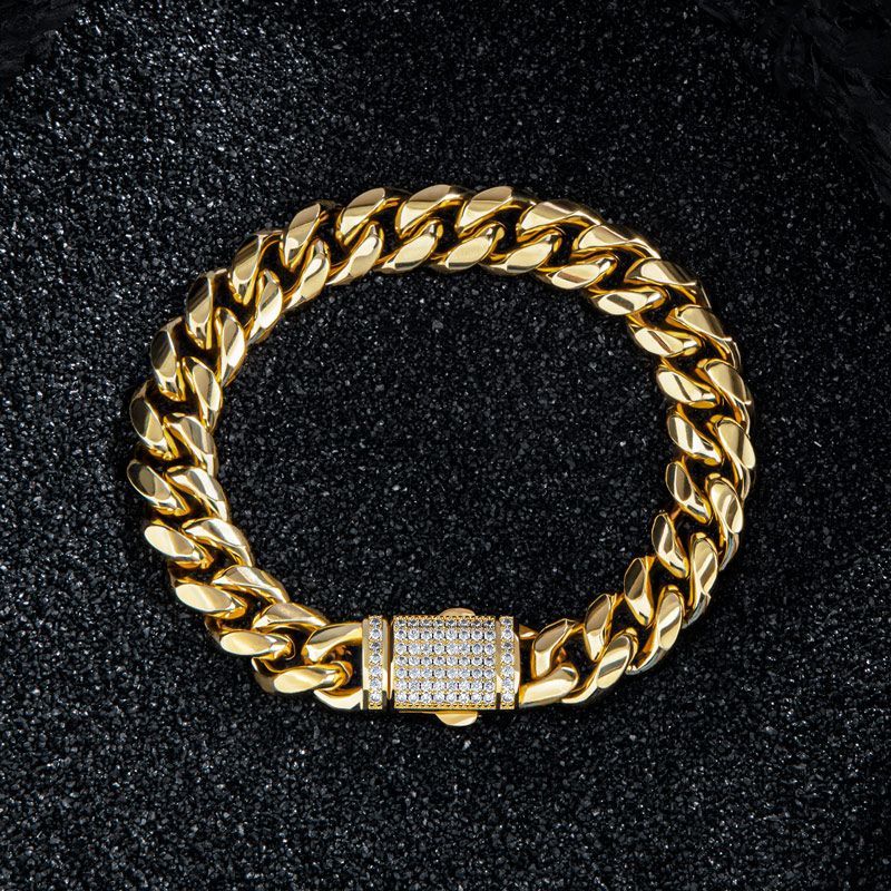 Helloice 8mm/10mm/12mm/14mm 8'' Stainless Steel Micro-paved Spring Buckle Cuban Bracelet In Gold