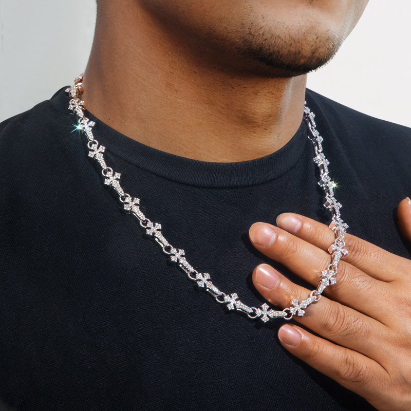Helloice 11mm 20'' Micro Pave Cross Link Chain in White Gold