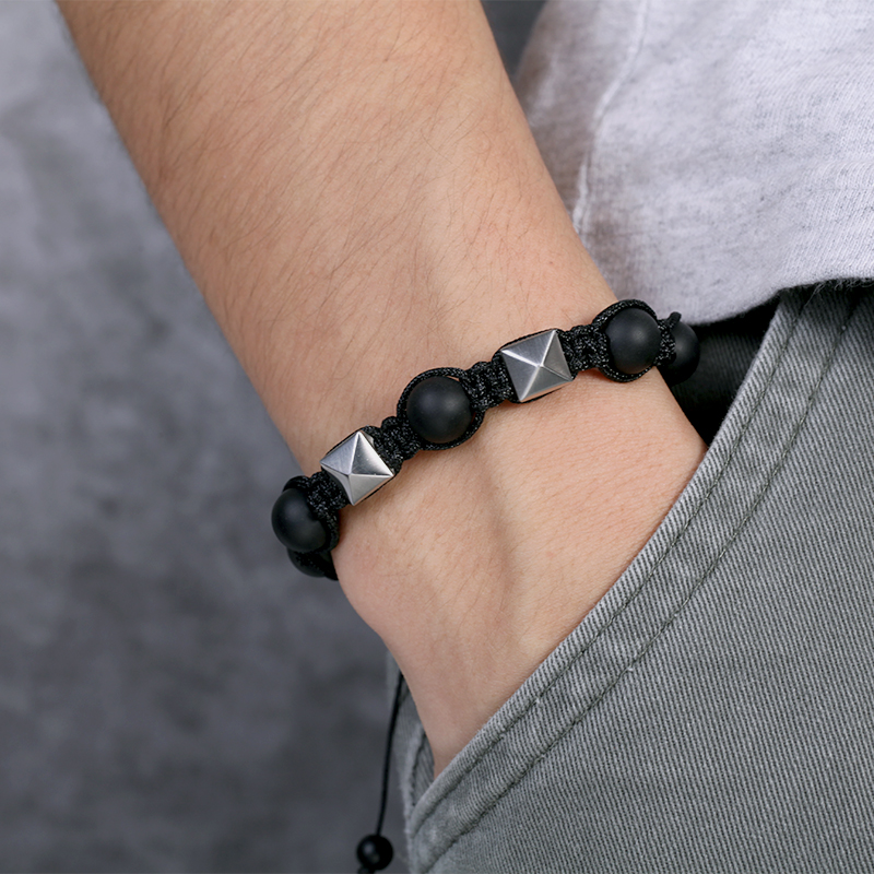 Helloice Stainless Steel Pyramid Black Onyx Beads Bracelet