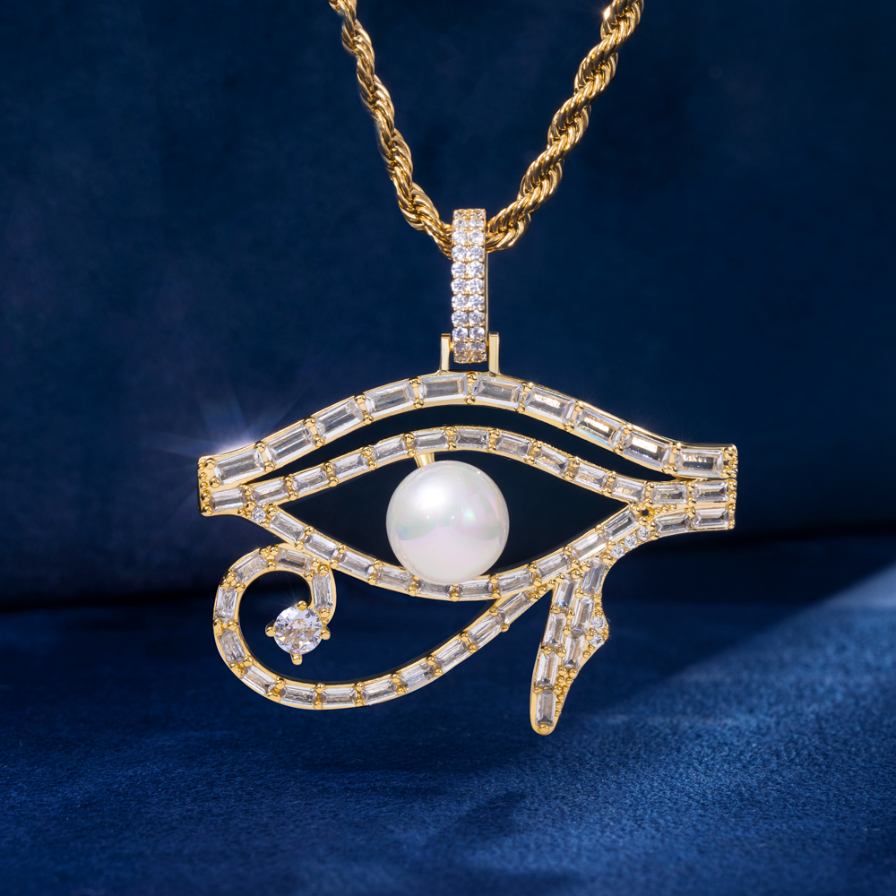 Helloice Micro Paved Baguette Pearl Egyptian Eye of Horus Pendant