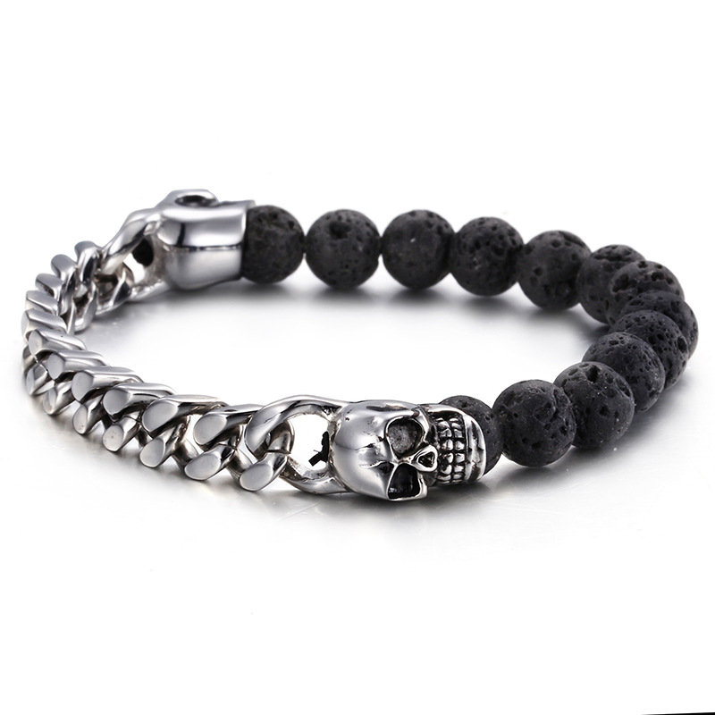 Helloice Half Spiritual Stones and Half Steel Cuban Chain Skull Bracelet in White Gold