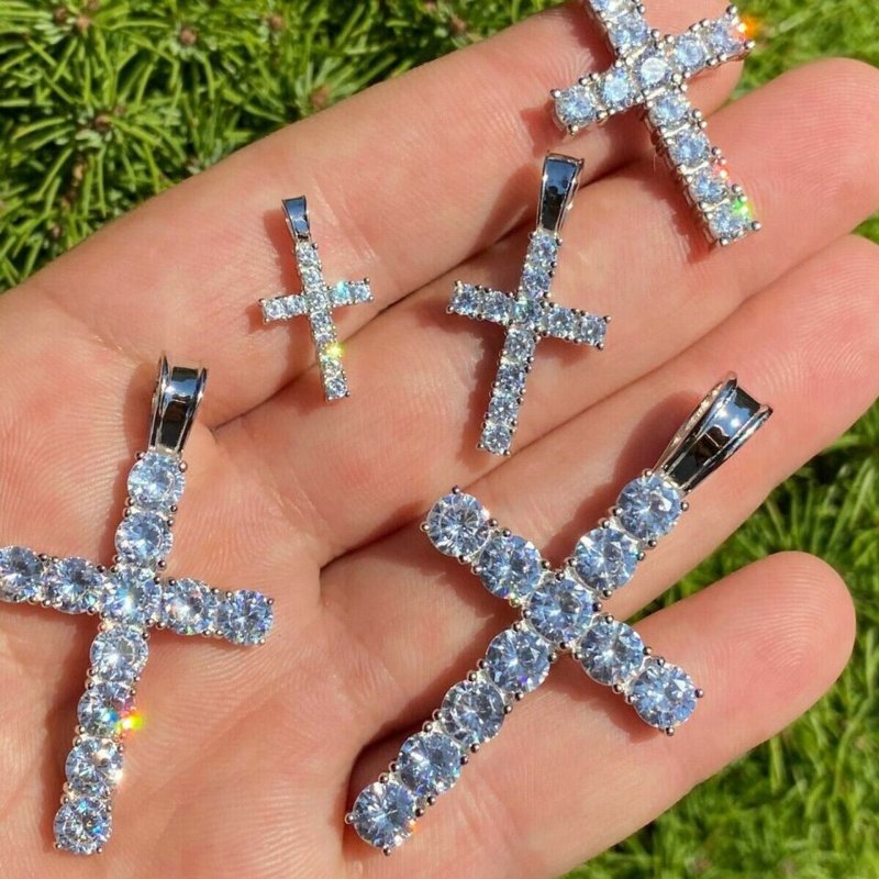 Helloice Round Cut Diamonds Cross Pendant in White Gold