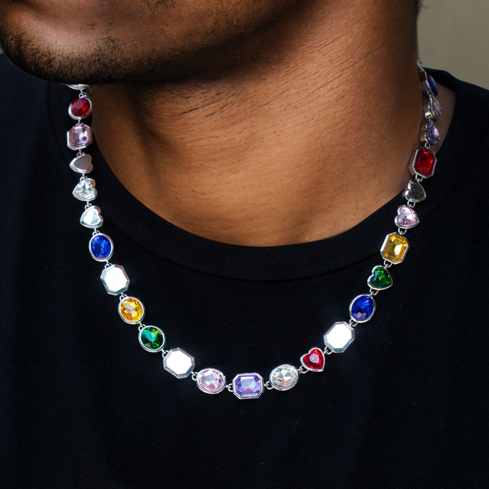 Helloice 10mm Multi-color Diamonds Chain in White Gold